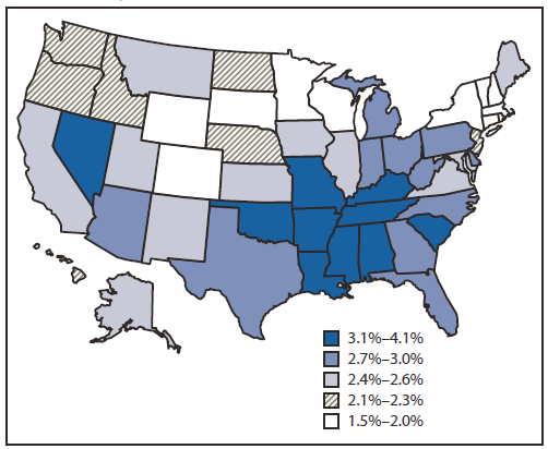 The figure shows age-adjusted prevalence of stroke among noninstitutional¬ized adults aged ≥18 years, by state, in the United States during 2010, based on data from the Behavioral Risk Factor Surveillance System. In 2010, the states with higher stroke prevalence generally were states in the southeastern United States and Nevada.